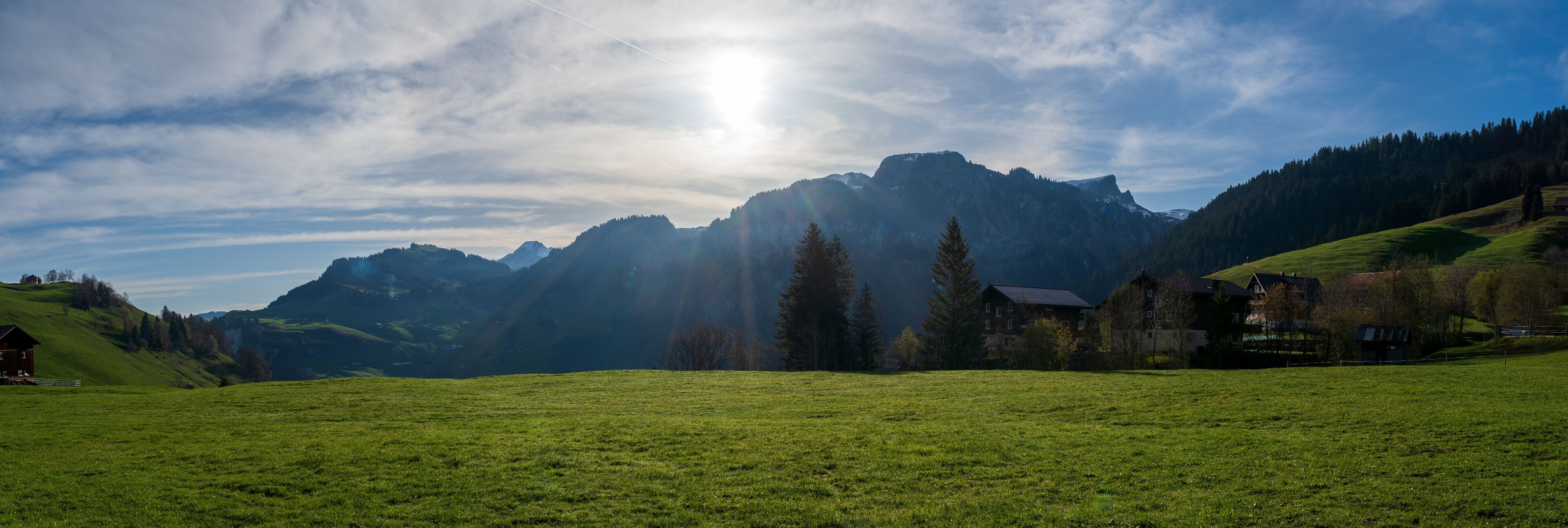 A green field with a mountain range in the background and a few houses.