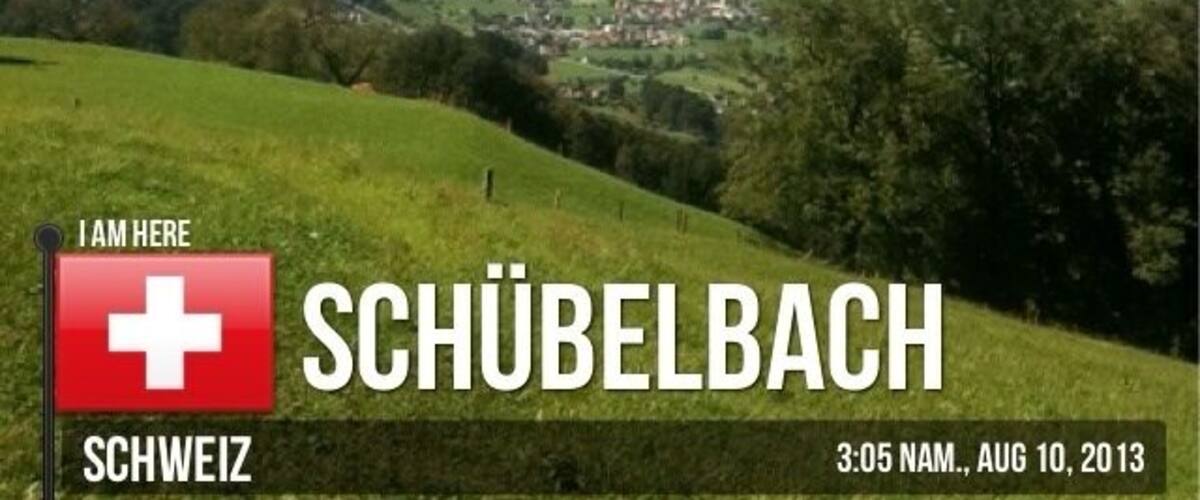 A scenic view of Schübelbach, Switzerland, with a lake and surrounding greenery.