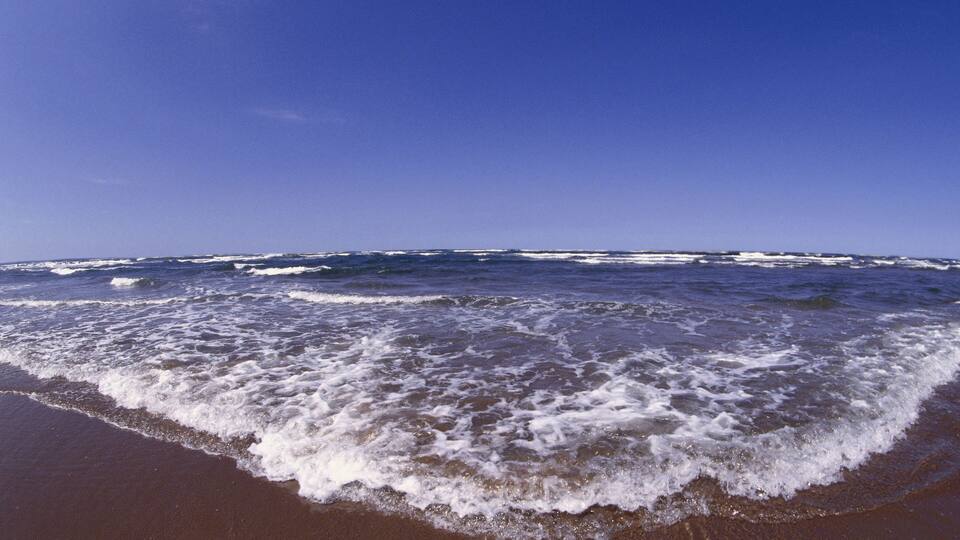A beach with waves crashing onto the shore under a clear blue sky.
