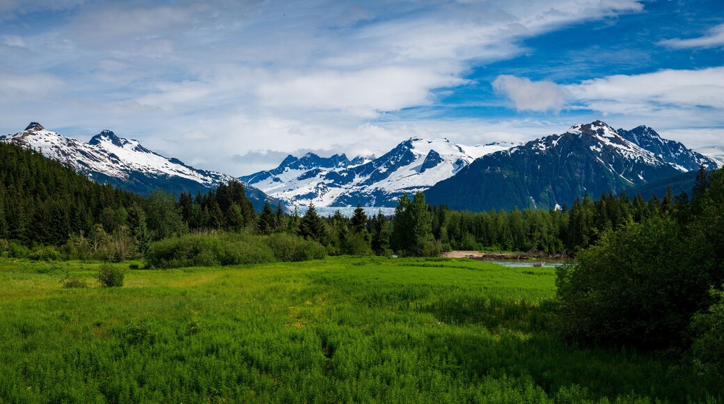Mendenhall Glacier and valley seen from Brotherhood bridge on Glacier Highway near Juneau