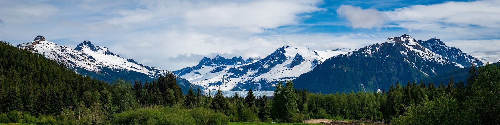 Mendenhall Glacier and valley seen from Brotherhood bridge on Glacier Highway near Juneau
