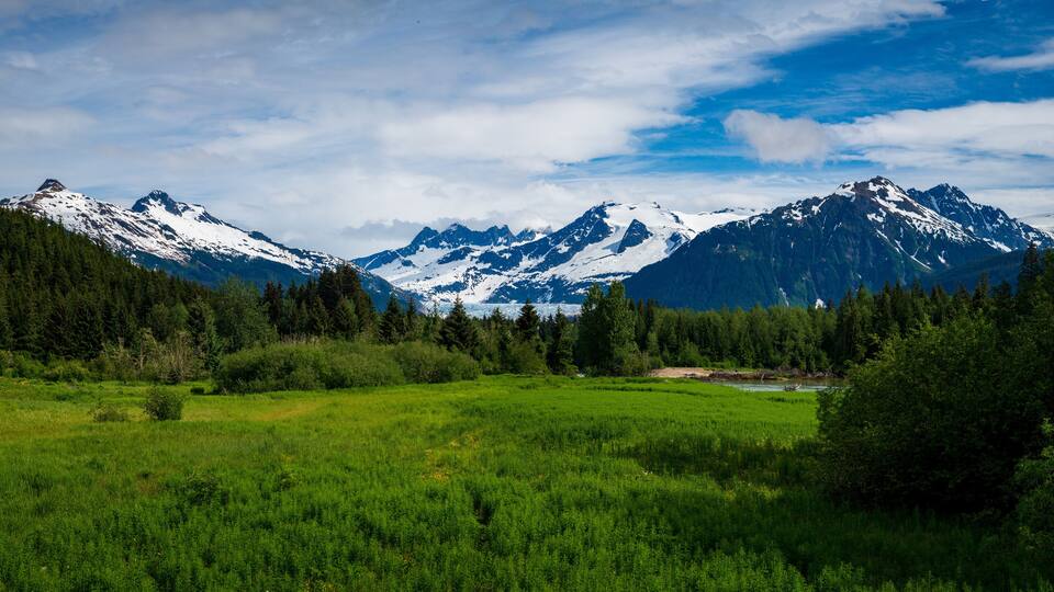 Mendenhall Glacier and valley seen from Brotherhood bridge on Glacier Highway near Juneau