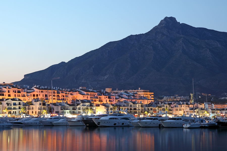 Puerto Banus at dusk, marina of Marbella, Spain