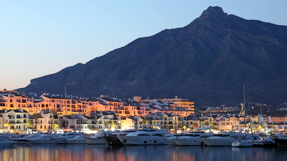 Puerto Banus at dusk, marina of Marbella, Spain