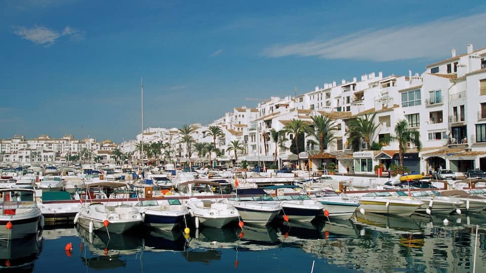 Boats docked at a harbor of Puerto Banus, Marbella, Andalusia, Spain