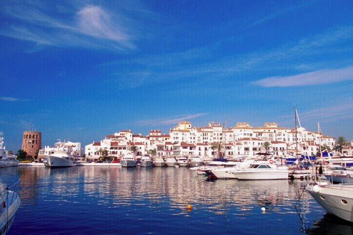 Boats moored at a harbor, Puerto Banus, Costa del Sol, Andalusia, Spain