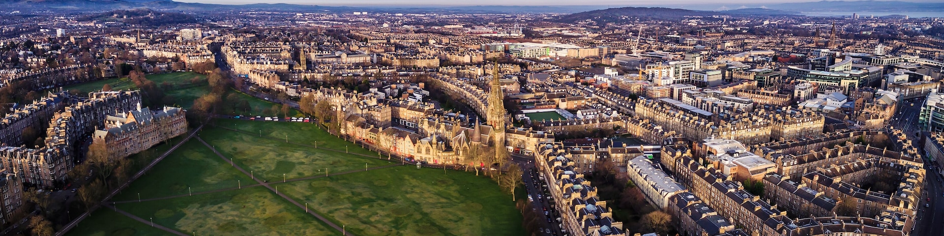 Panoramic view of Edinburgh's skyline with the Barclay Church in the middle and the Bruntsfield Links in the foreground. Scotland, UK