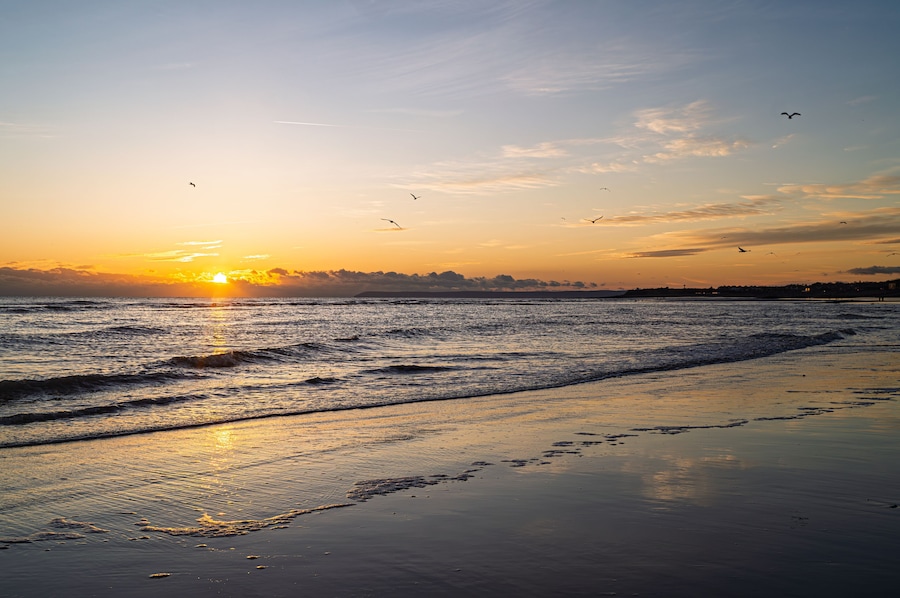 West St Leonards beach at sunset. The scene shows the beach at low ride, exposing the sand. Waves roll into the beach. The setting sun creates contrasting colours and deep shadows.