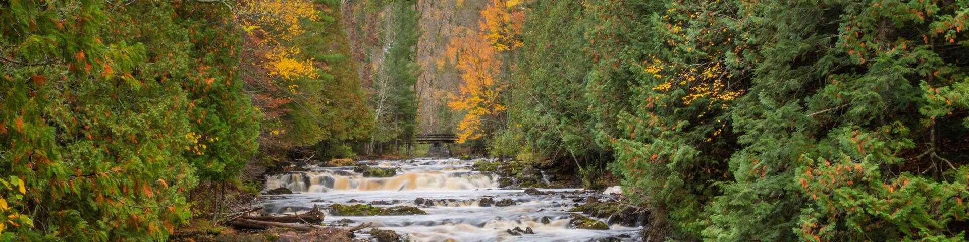 Water falls along Bad River at Copper Falls State Park during fall time
