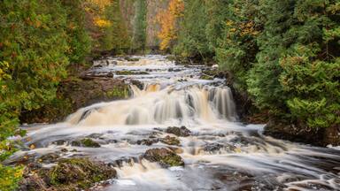 Water falls along Bad River at Copper Falls State Park during fall time