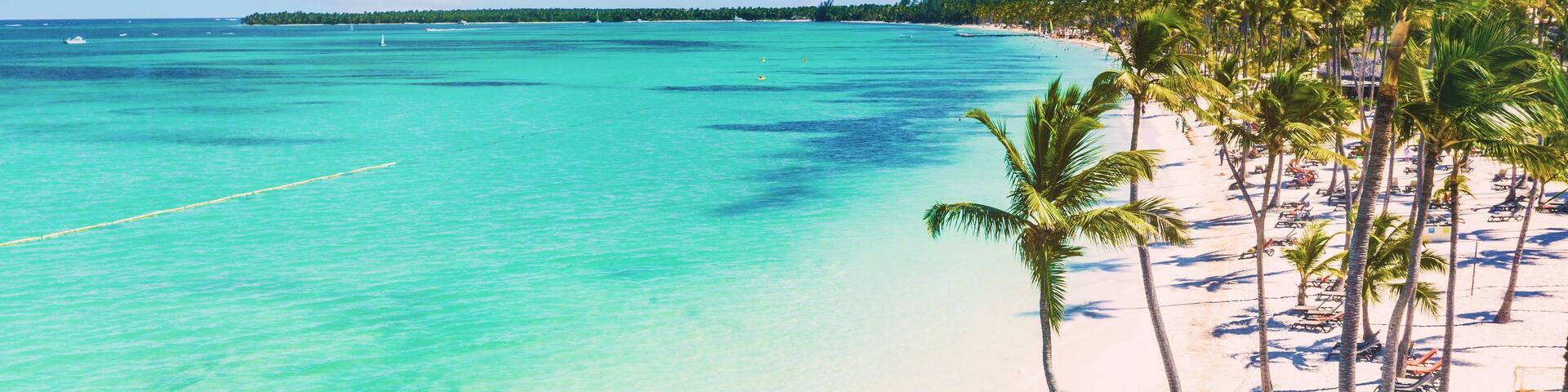 A beach with clear turquoise water, palm trees, and sun loungers.