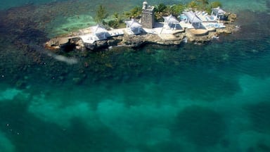Vista aérea de una pequeña isla con aguas turquesas cristalinas, unas pocas palmeras y una estructura con una torre.