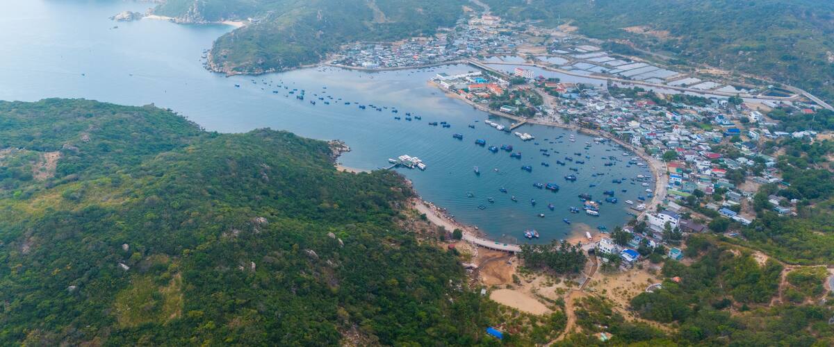 An aerial view of a coastal town with dense greenery, a bay filled with boats, and a mix of residential and industrial buildings.