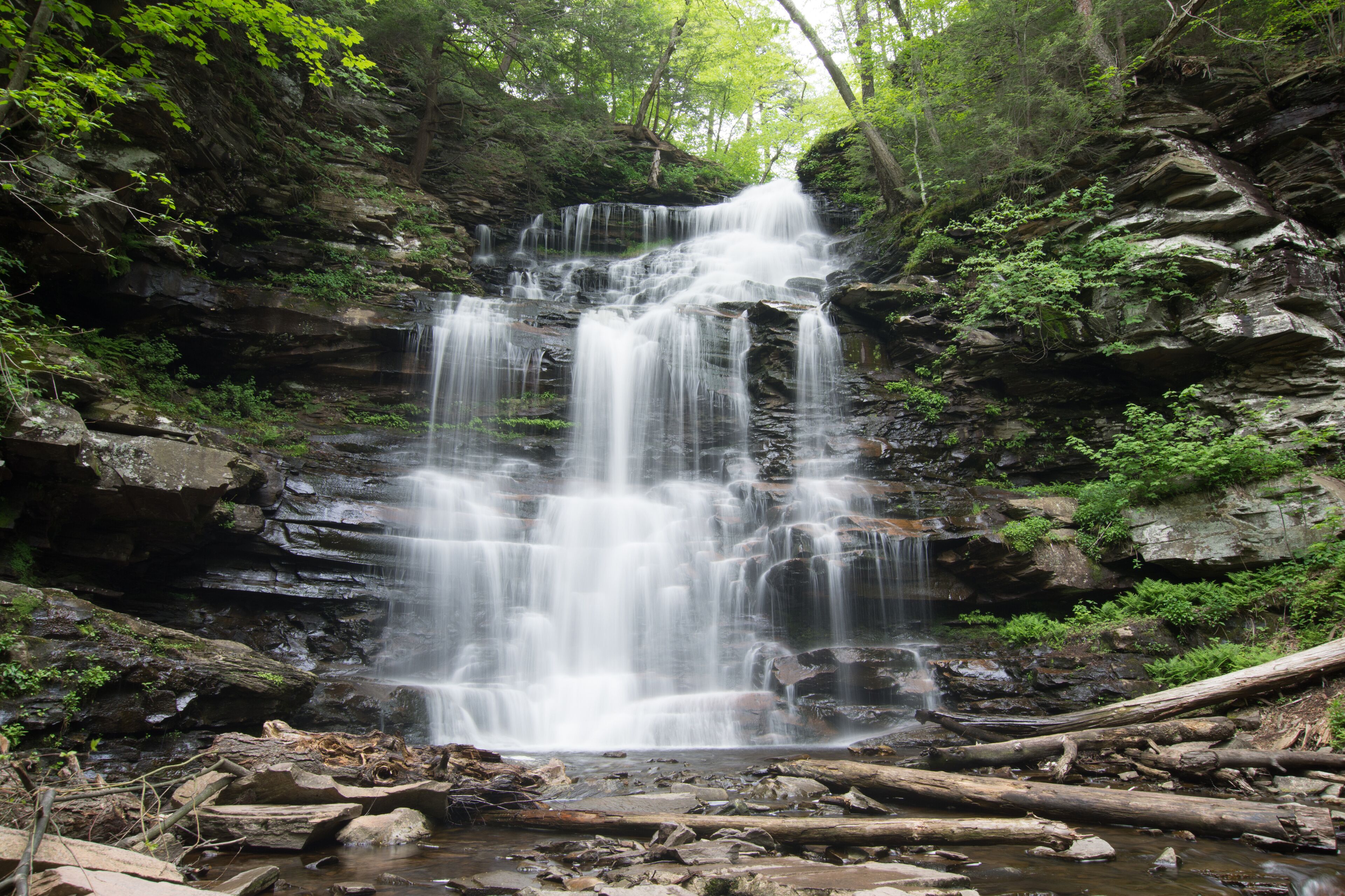 Scenic Waterfall in Ricketts Glen State Park in The Poconos in Pennsylvania