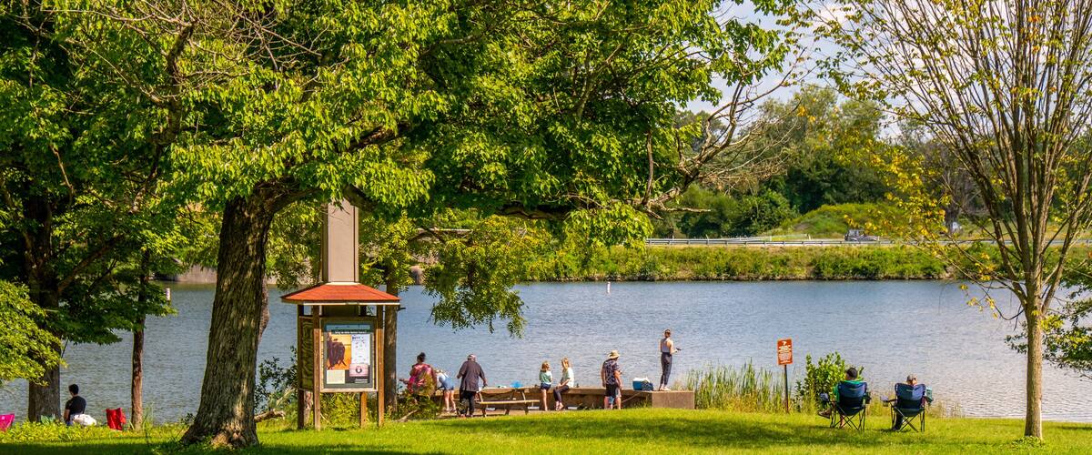 Great day to be in the park. Time for fishing and catching fish. Beautiful sunny day in summer time where people can do outdoor activities