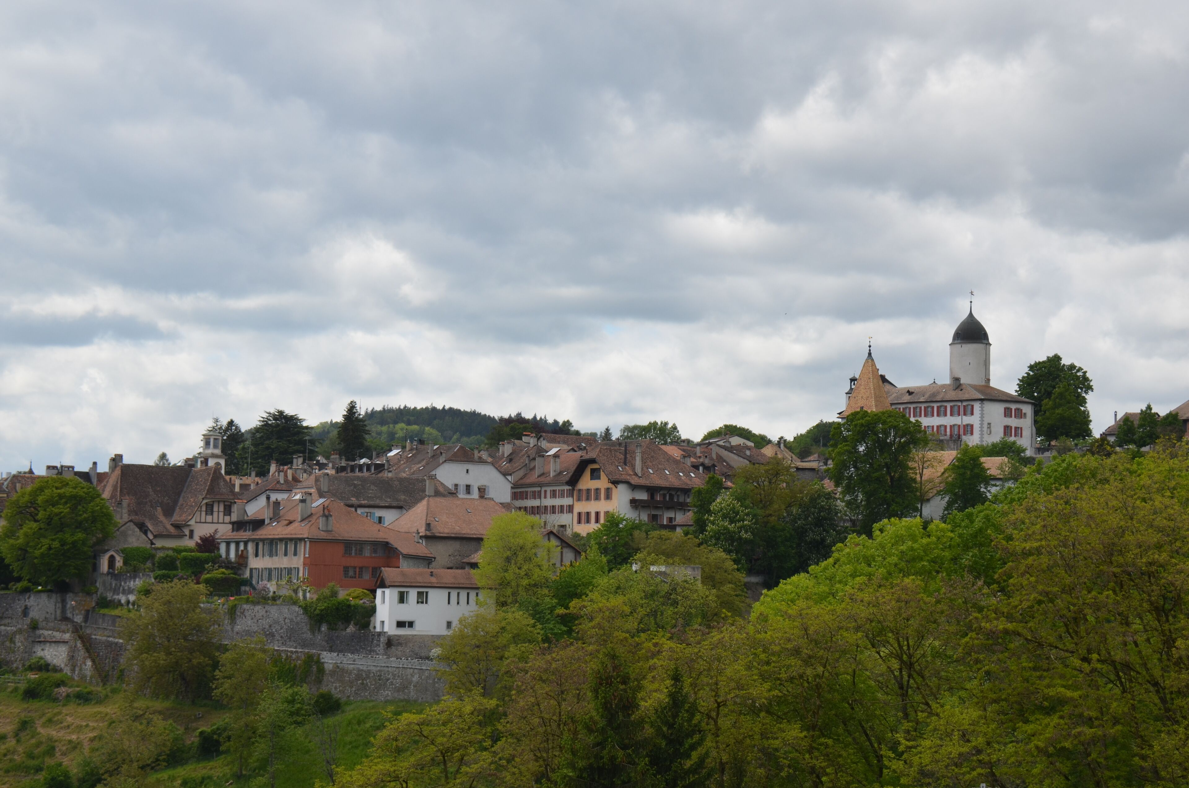 A town with historic buildings and a prominent church tower.