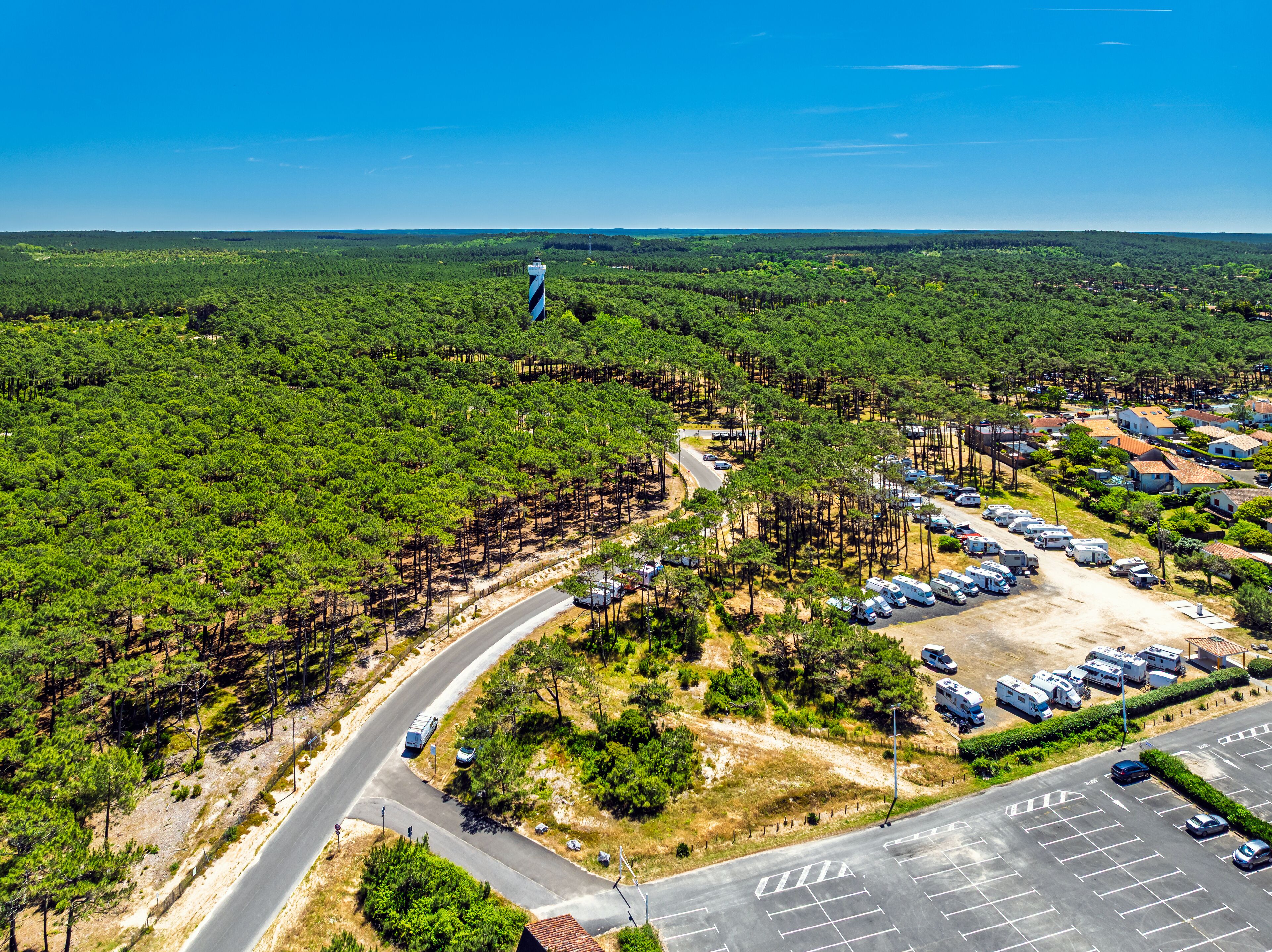 Phare de Contis Lighthouse from a drone, Saint Julien en Born , Saint-Julien-en-Born, Landes, France, Europe