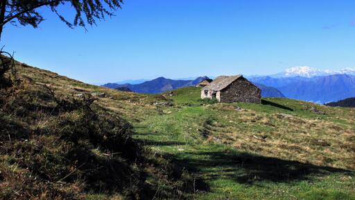 Die Alpe Cadinello (1828 m.ü.M.) am Südeingang des Tunnels von Mesolcina oberhalb von Roveredo im Grenzbereich zwischen den Schweizer Kantonen Tessin und Graubünden. In der Ferne steht der mächtige Monte Rosa.