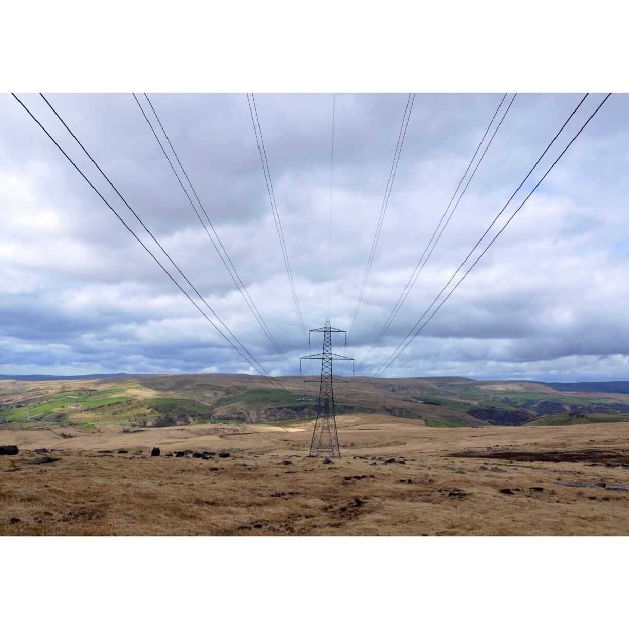 Doing a walk to find a Stanza stone in Ripponden, walking back to the pub after finding the stone and the electric pylons were lining the middle of the valley. I got to a position where I was in the middle and could see all the pylons lined up in a straight line, one in front of each other running all the way down. 