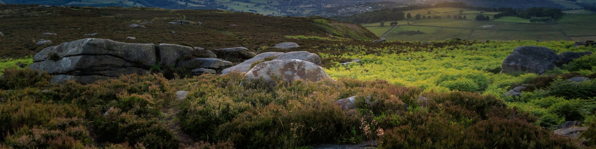 A landscape with rolling hills, a valley, and a sunset.