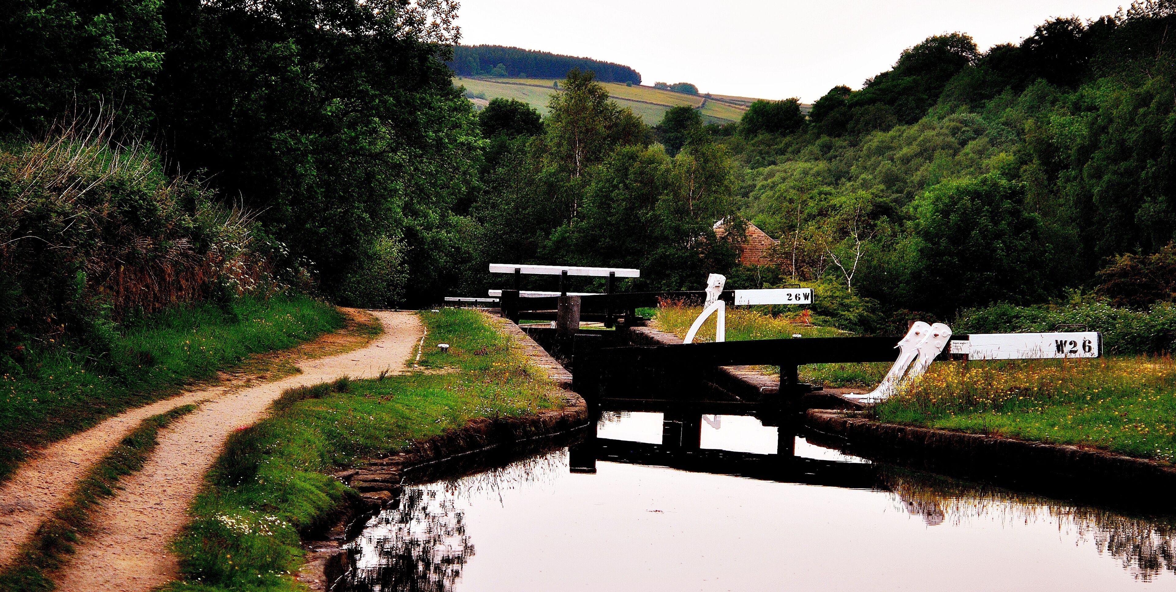 A narrow waterway with a wooden bridge, surrounded by lush greenery and a dirt path.