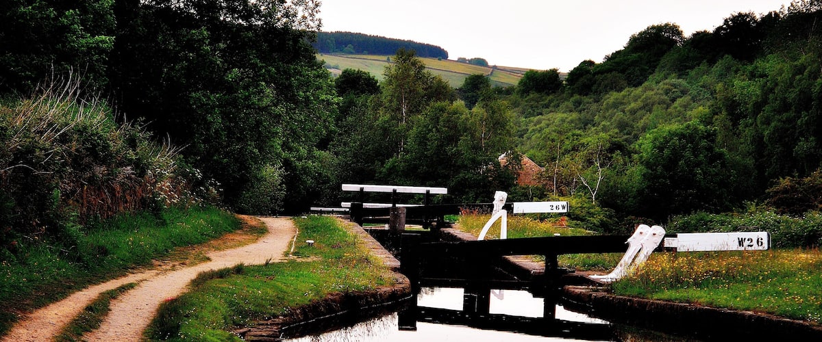 A narrow waterway with a wooden bridge, surrounded by lush greenery and a dirt path.