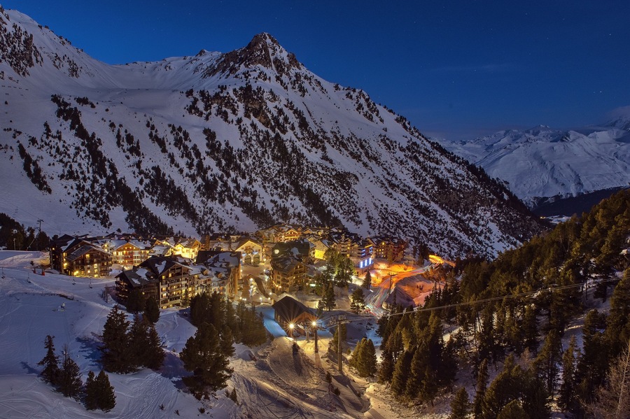 Evening picture of the village Les Arcs 1950 in France; Shutterstock ID 620410595; purchase_order: SP-1332 HA Batch 2 August 2018; Order: ; client: HomeAway; other: To be paid with HA budget