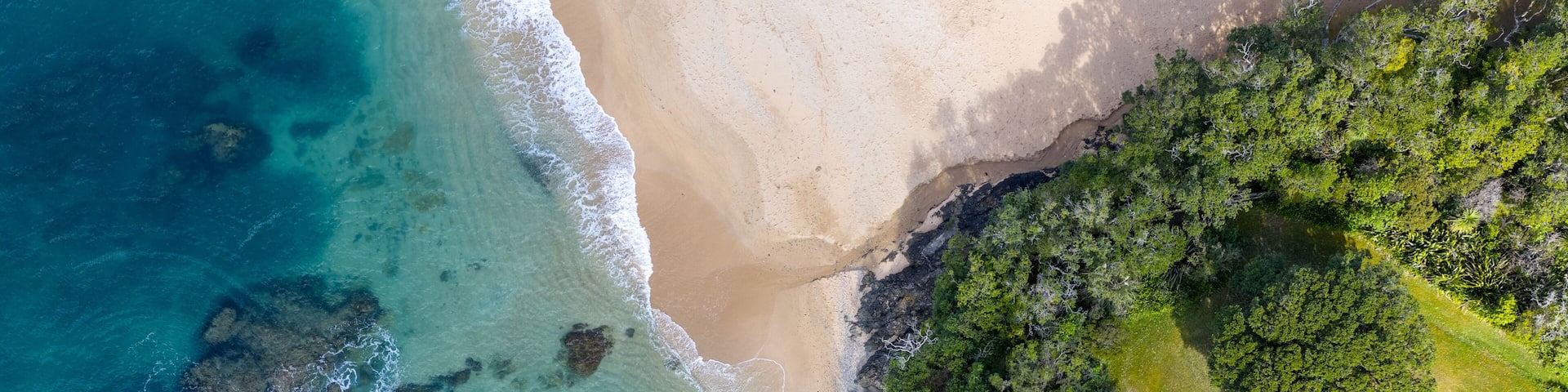 A coastal landscape with clear turquoise waters, a sandy beach, and a dense green forest area.