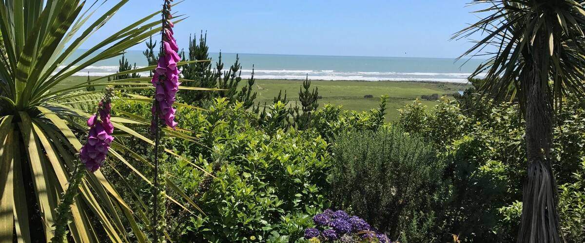 A coastal landscape with a view of the ocean, surrounded by lush greenery and flowering plants.