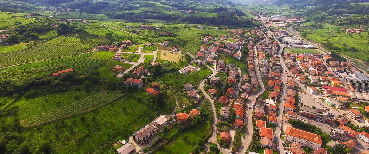A town nestled in a valley with surrounding vineyards and hills.