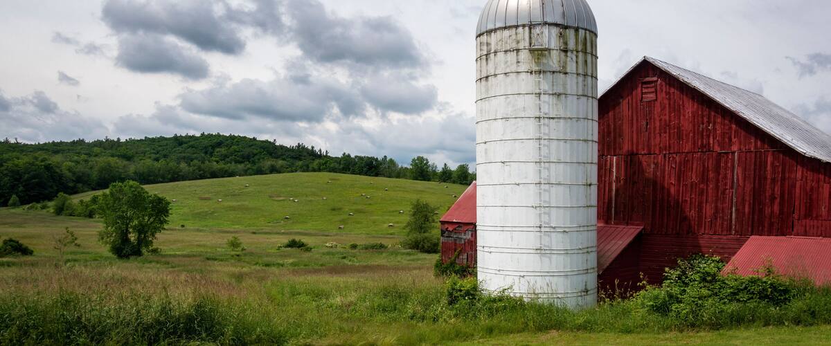 A red barn and a white silo in a green field.