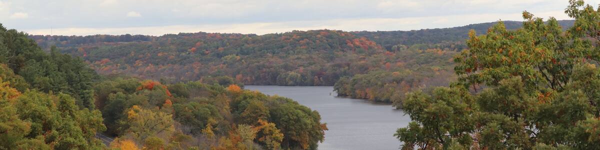 Autumn landscape with trees and lake near Interstate State Park in Taylors Falls, Minnesota.
