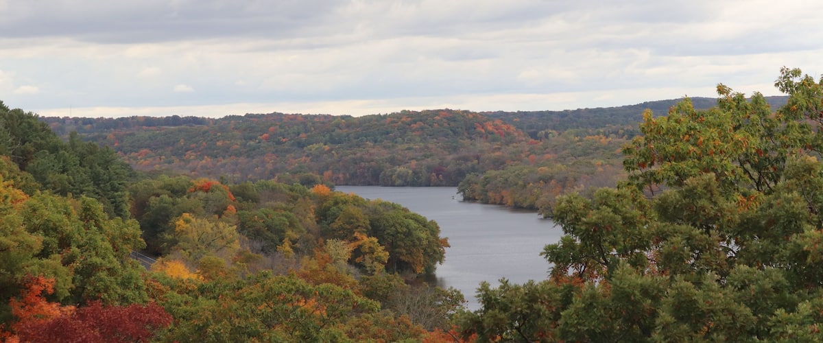 Autumn landscape with trees and lake near Interstate State Park in Taylors Falls, Minnesota.