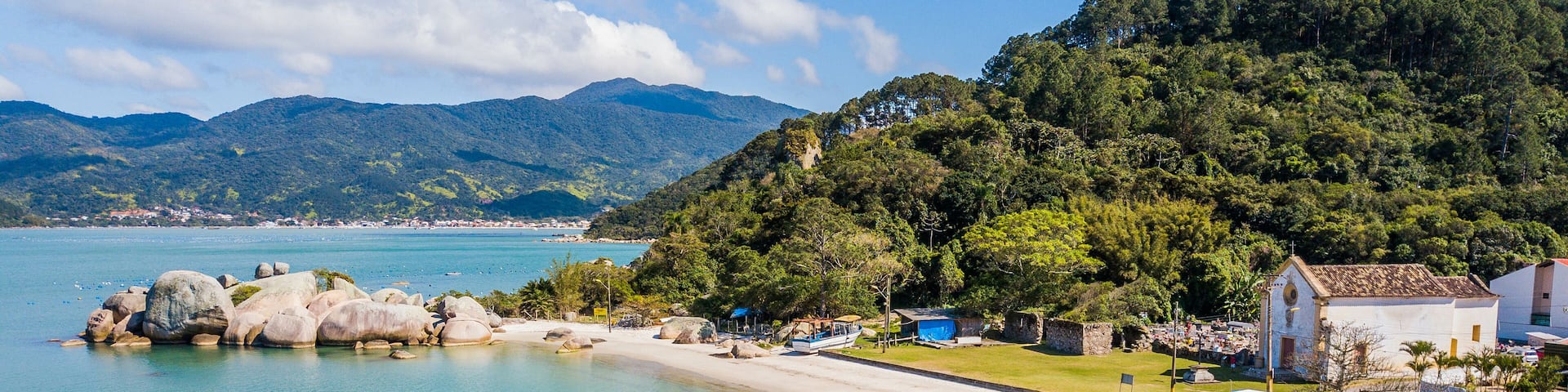 Aerial view of Armação da Piedade beach (Praia da Armação da Piedade) - Governador Celso Ramos. Historical and beatiful beach in Santa Catarina, Brazil
