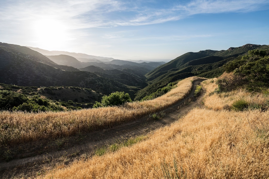 Santa Susana Mountains canyon view from fire road in Rocky Peak nature park near Los Angeles and Simi Valley in scenic Southern Califiornia.