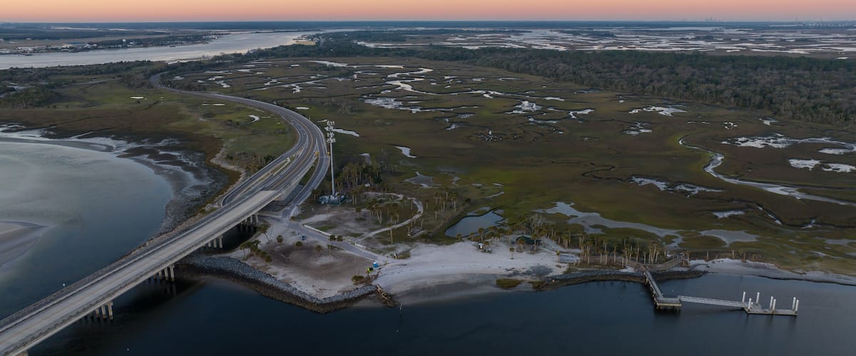 Aerial view of the Fort George Inlet in Jacksonville, Florida.