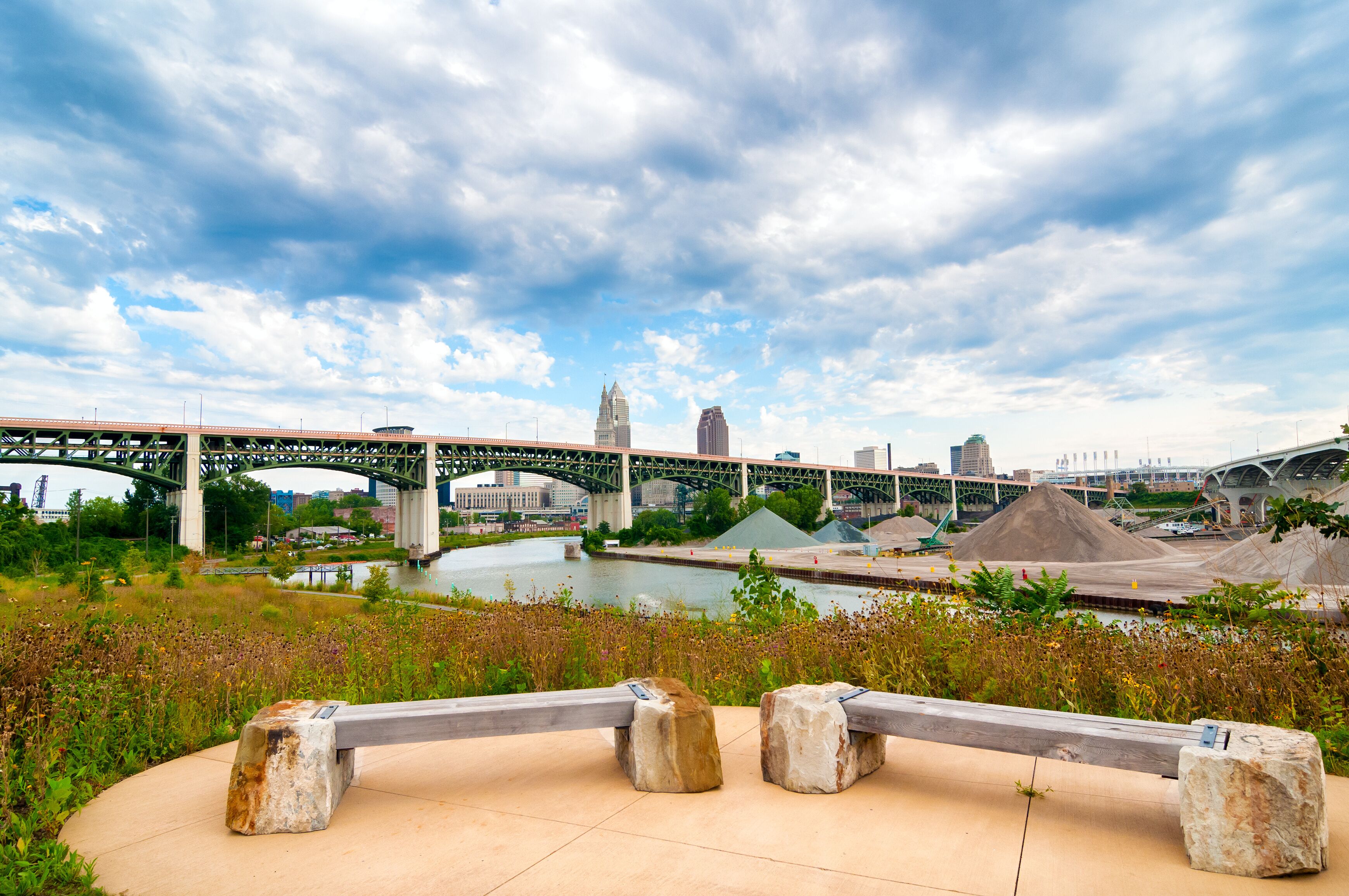 View of downtown Cleveland, Ohio, and highway bridges from Scranton Flats on the Cuyahoga
