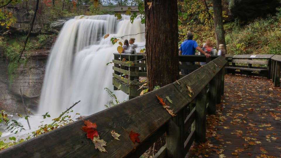 A wooden bridge over a waterfall surrounded by autumn foliage.