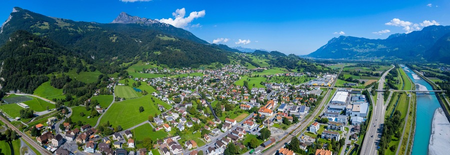 Aerial view around the city buchs in Switzerland on a sunny morning day in summer.