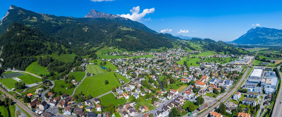 Aerial view around the city buchs in Switzerland on a sunny morning day in summer.