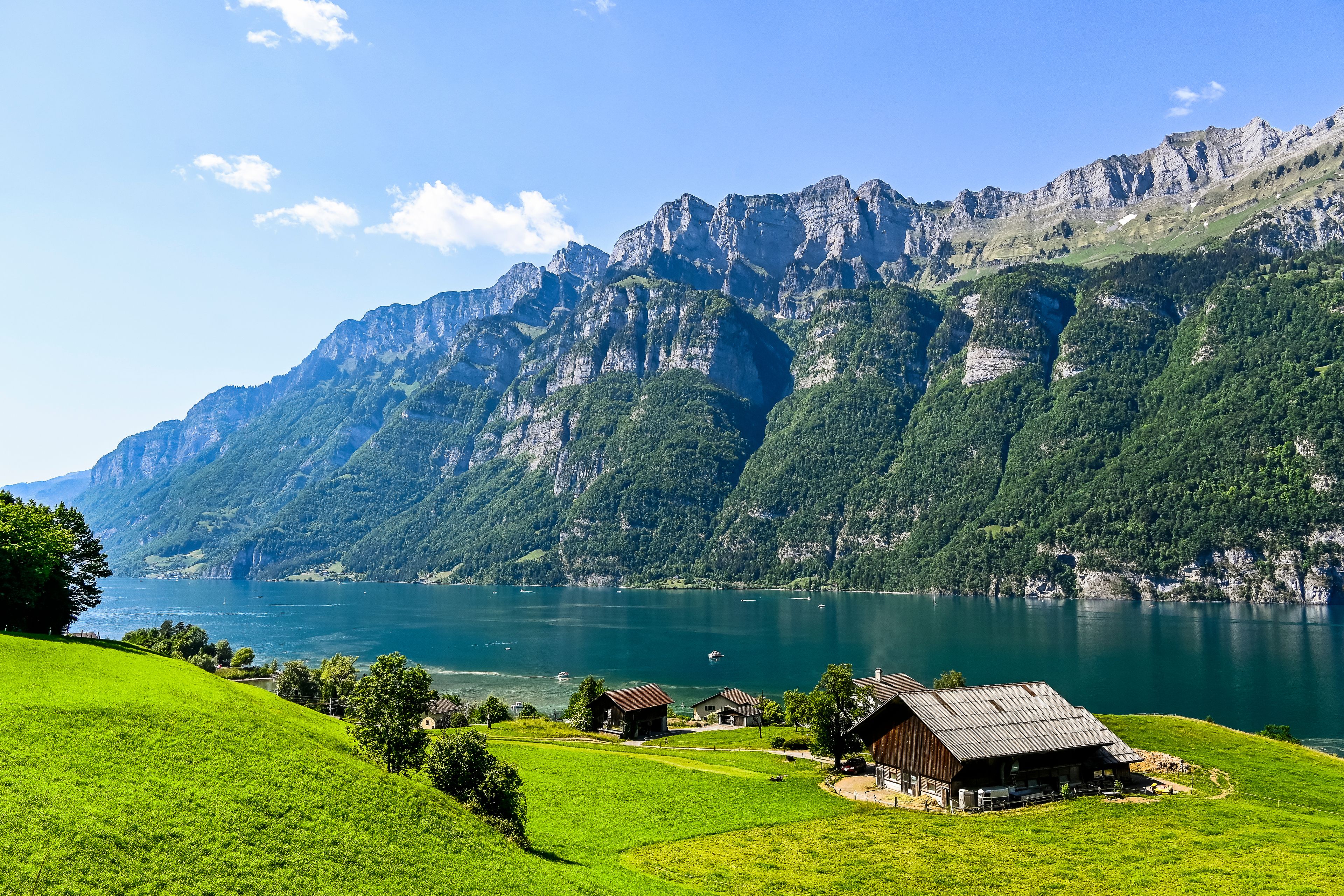 A mountainous landscape with a lake, green fields, and traditional buildings.
