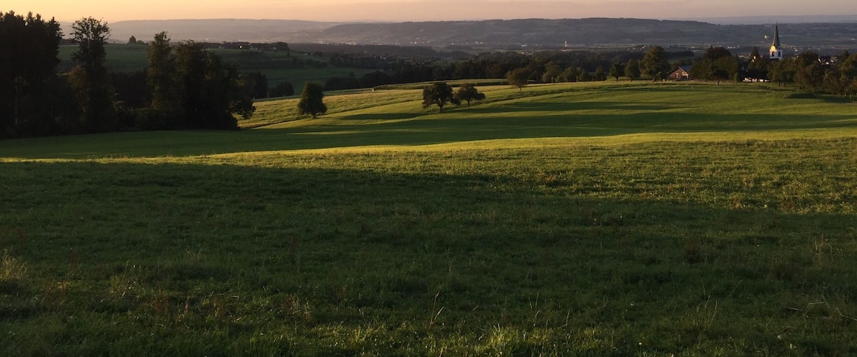 A grassy field with a church in the distance.