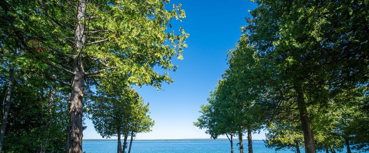 View to the beautiful Lake Manitou from the cabin. Amazing sky line landscape with trees and water. Canadian wilderness. Perfect spot for a holiday. Cottage located on the largest fresh water island.