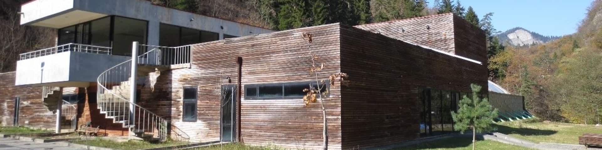 View from inside of a park in the city of Borjomi, Georgia.
This is a recently constructed indoor swimming pool facility inside of the park.
There are numerous sulphur springs in this park, and the water in the swimming pool here is taken from the sulphur water.