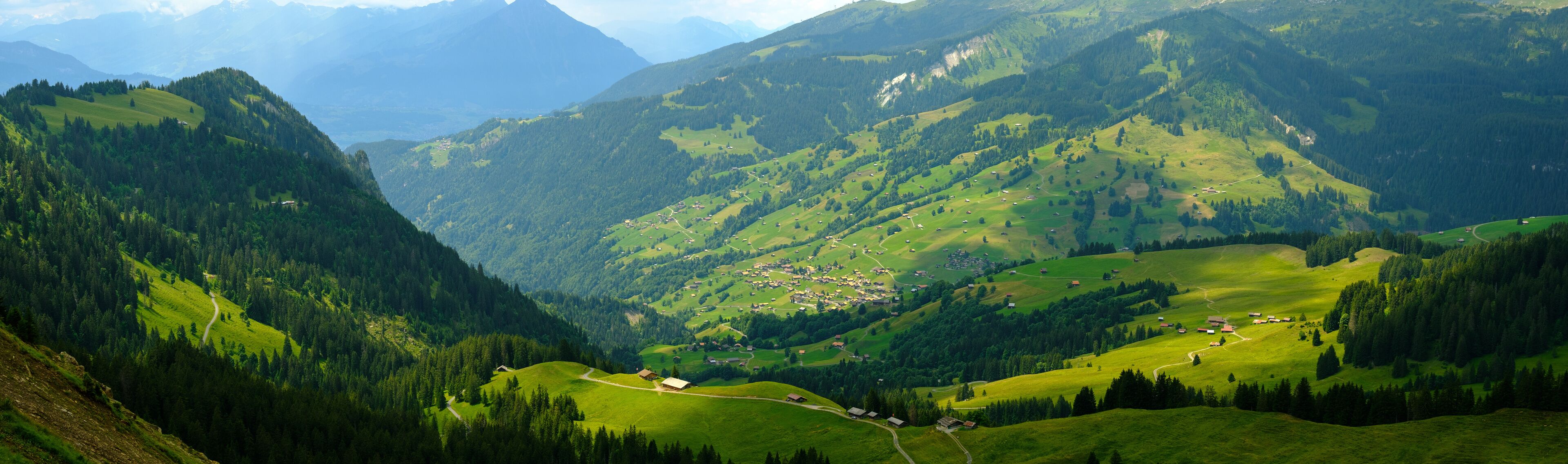 Summer time mountain nature panoramic landscape near Habkern, Switzerland