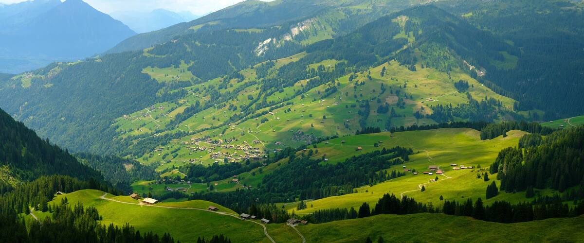 A valley with scattered houses and dense forests surrounded by mountains.