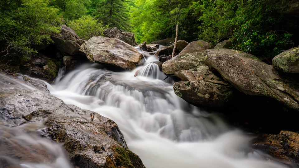 A waterfall flowing over rocks in a forested area.