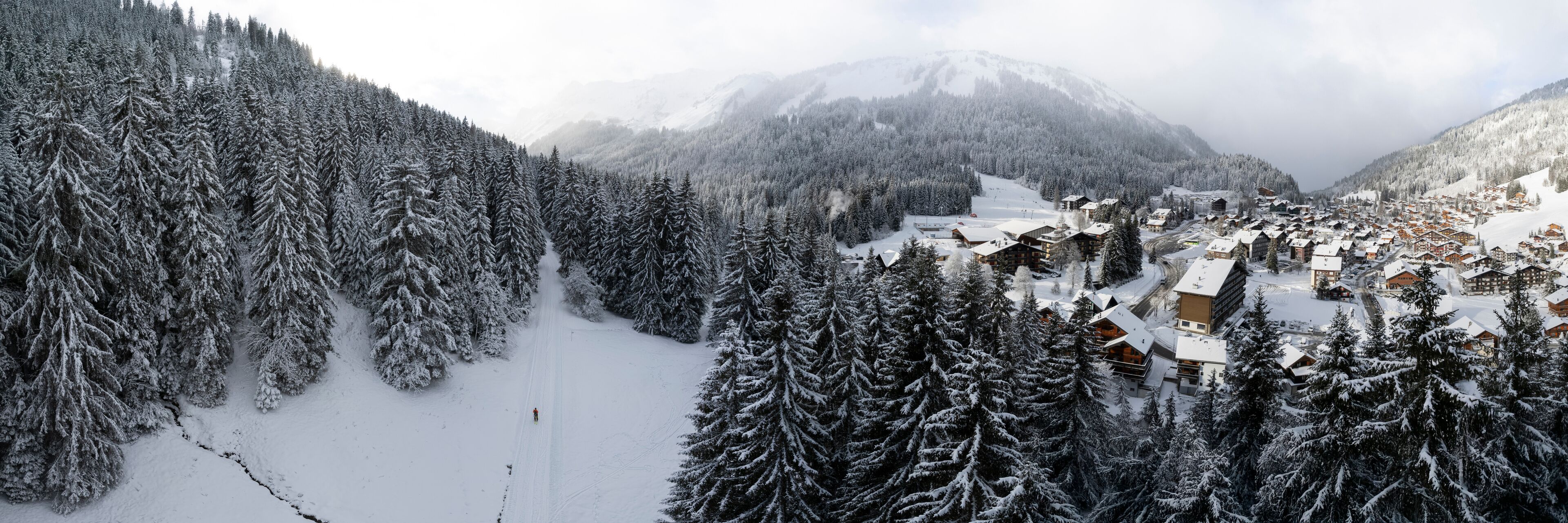 Aerial view of snow-covered village with frozen trees and ski slope in misty forest, Val-d'Illiez, Switzerland.