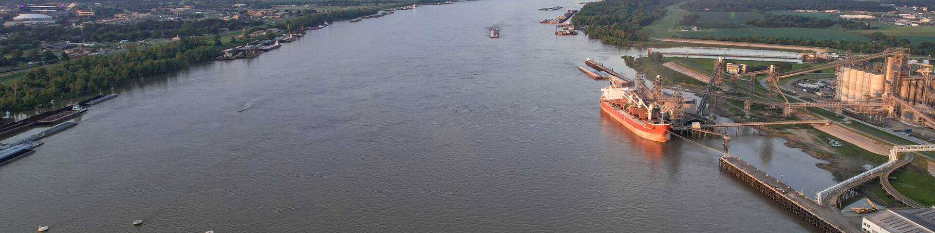 Mississippi River Baton Rouge Louisiana Barge at dusk
