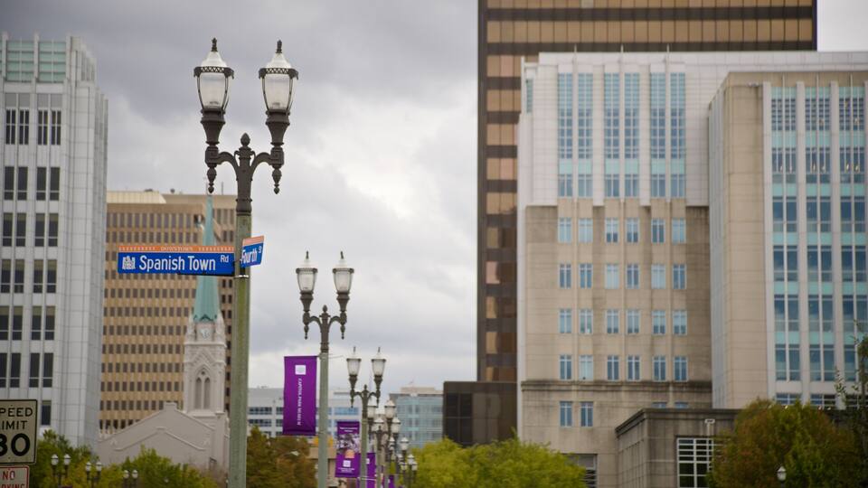 A street scene with street lamps, a street sign for Spanish Town Rd, and modern buildings in the background.